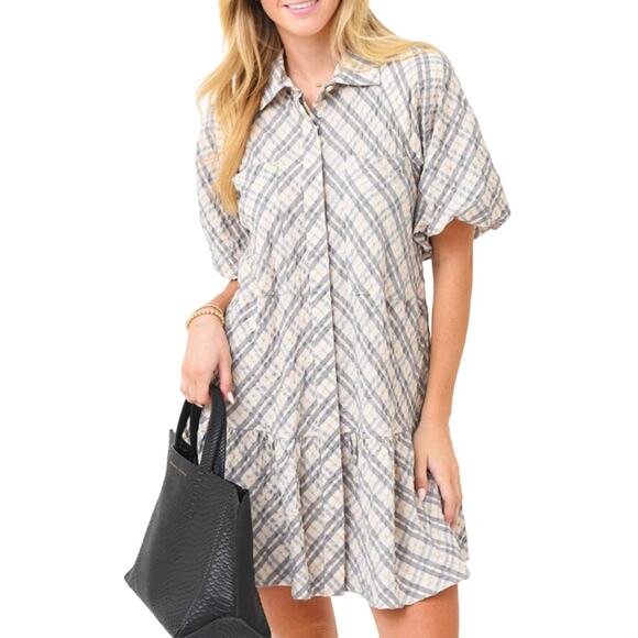 Jonathan Simkhai Standard Dresses & Skirts - Jonathan Simkhai S Womens Crissy Raglan Puff Sleeve Mini Dress Plaid Gray
